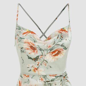 Floral Satin Ruched Midi Dress